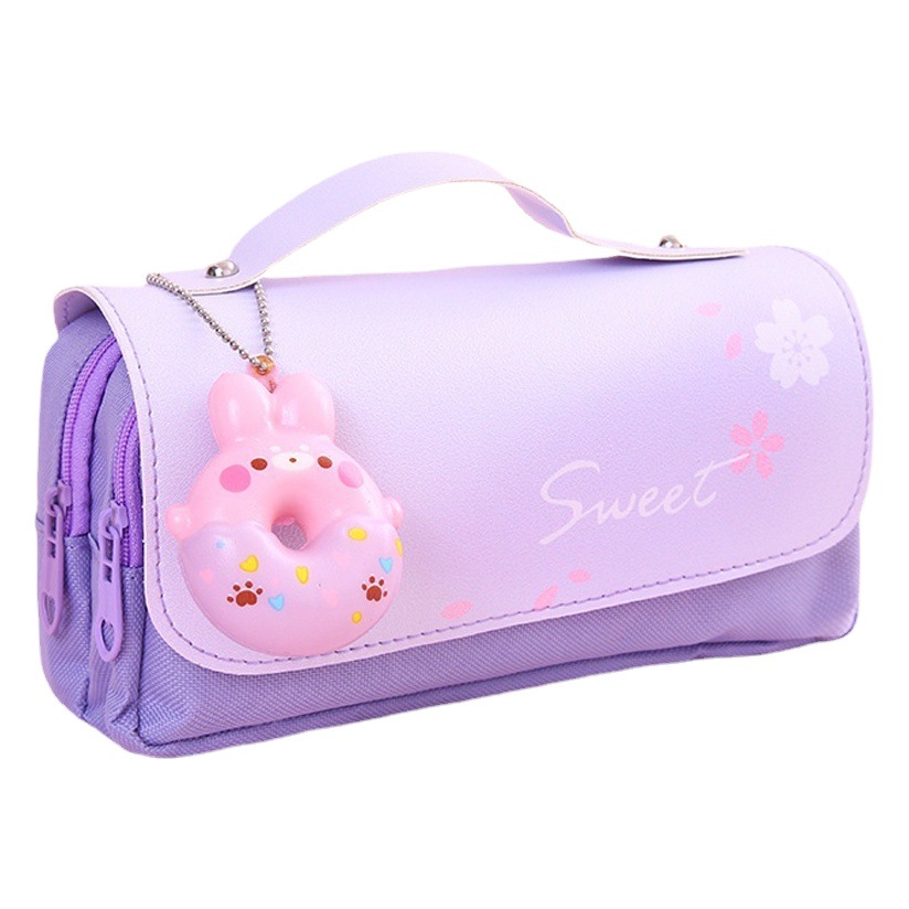 2024 New Decompression Stationery Box Pencil Bag Pencil Bag Primary School Girl Heart Double-Layer Canvas Small Fresh Stationery Bag