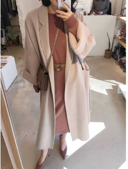 Picture of Black Woolen Coat Women's Winter Super Long Over-the-knee Lace-up Profile Double-sided Cashmere Handmade Woolen Coat