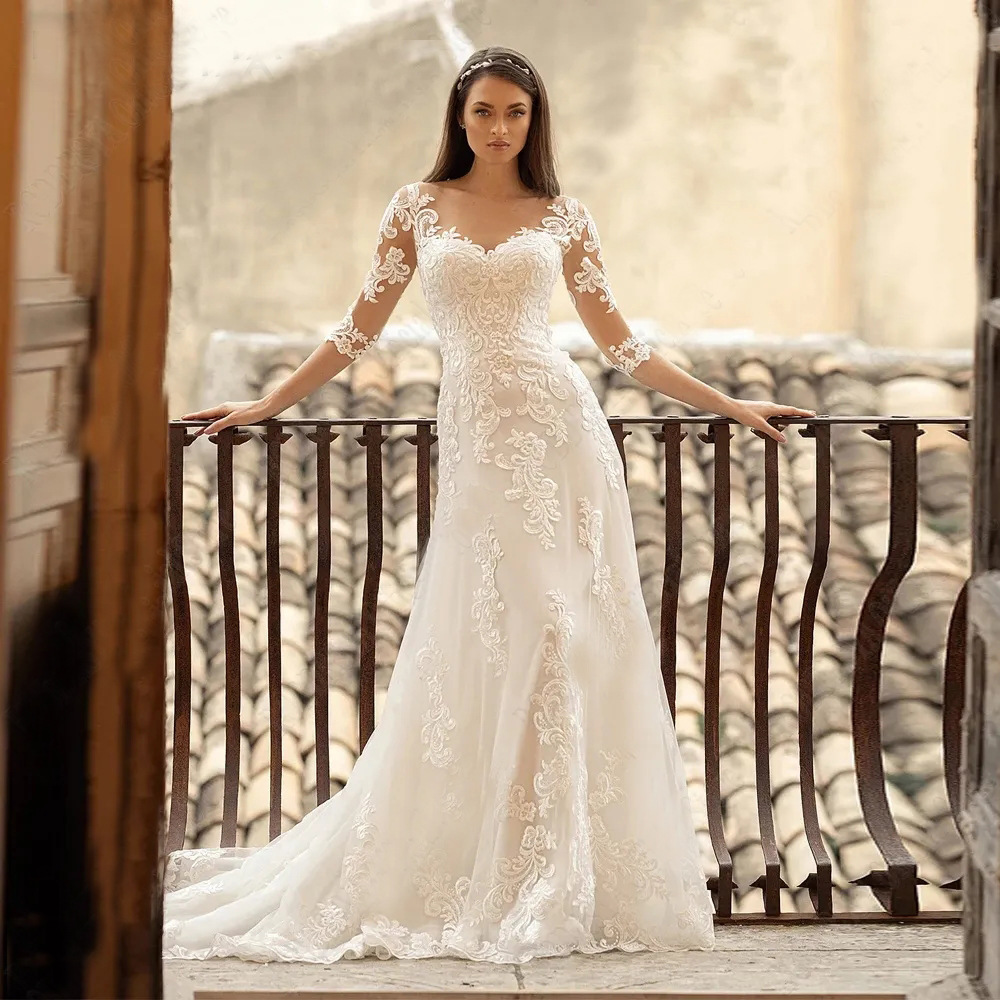 Cross-Border Long-Sleeved Wedding Dress, Forest Style, 2025 New Vintage Simple Round Neck Slim Fit Sheer Travel Photography Trailing Soft Tulle Dress