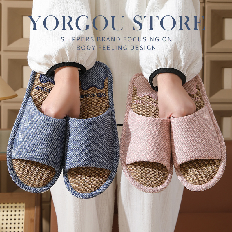 Linen Slippers for Women's Casual Home New Style Indoor Soft Bottom Sweat-Absorbent Four-Season Non-Slip Linen Couple Cloth Slippers Wholesale