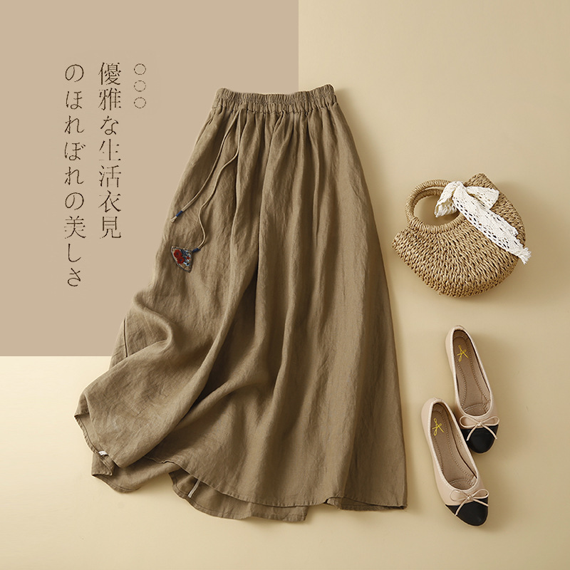 Summer 2024 New Artistic Lazy Design Sense Solid Color Cotton and Linen A- line Skirt Mid-length Stylish Waist Fashion Skirt