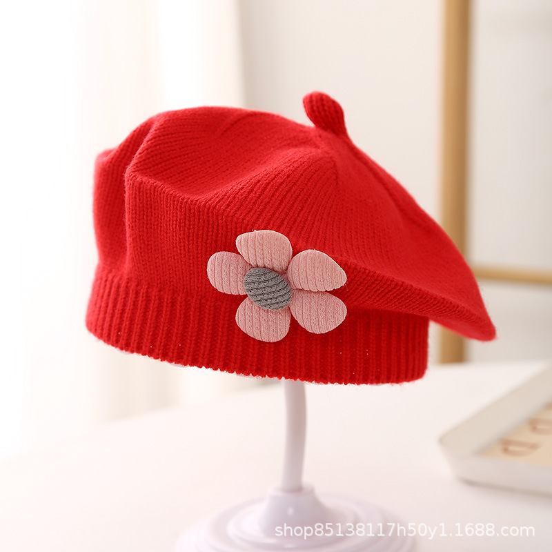 Picture of Baby hat autumn and winter baby girls' cute flower beret children's wool hat girls' knitted painter hat fashion
