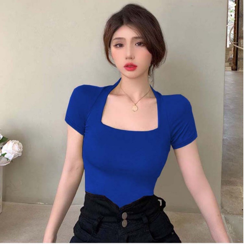 Picture of Klein Blue Square Collar Short-sleeved T-shirt Women's Summer Tight Big Neck Collarbone French Style Retro Sexy Half-sleeved Top