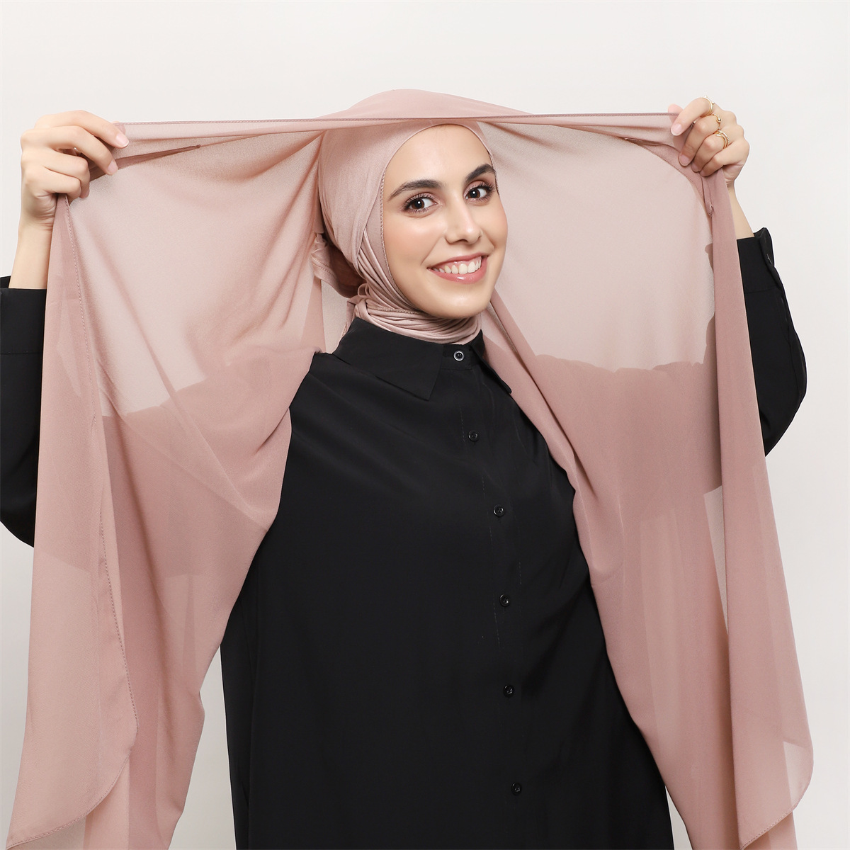 Solid Color Pearl Chiffon Long Scarf Plus Same Color Elastic Cylinder Cap Magnetic Buckle Integrated suit Scarf Convenient Tape