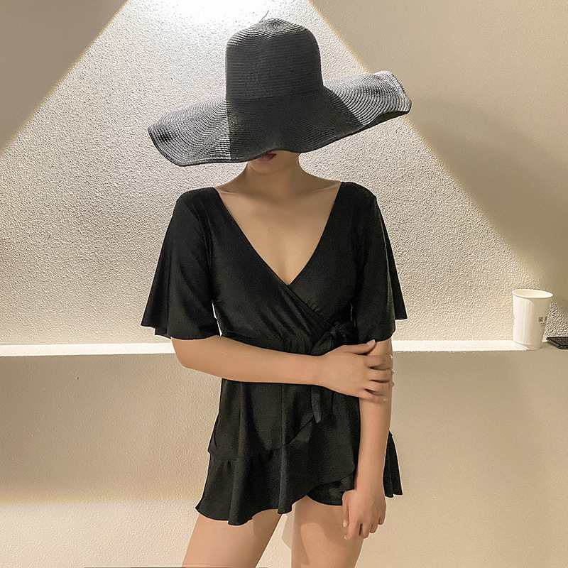 New Korean Style One-Piece Swimsuit Holiday Hot Spring ins Small Fragrant Style Belly Covering Slimming Conservative Multicolor Fairy Fan Swimsuit