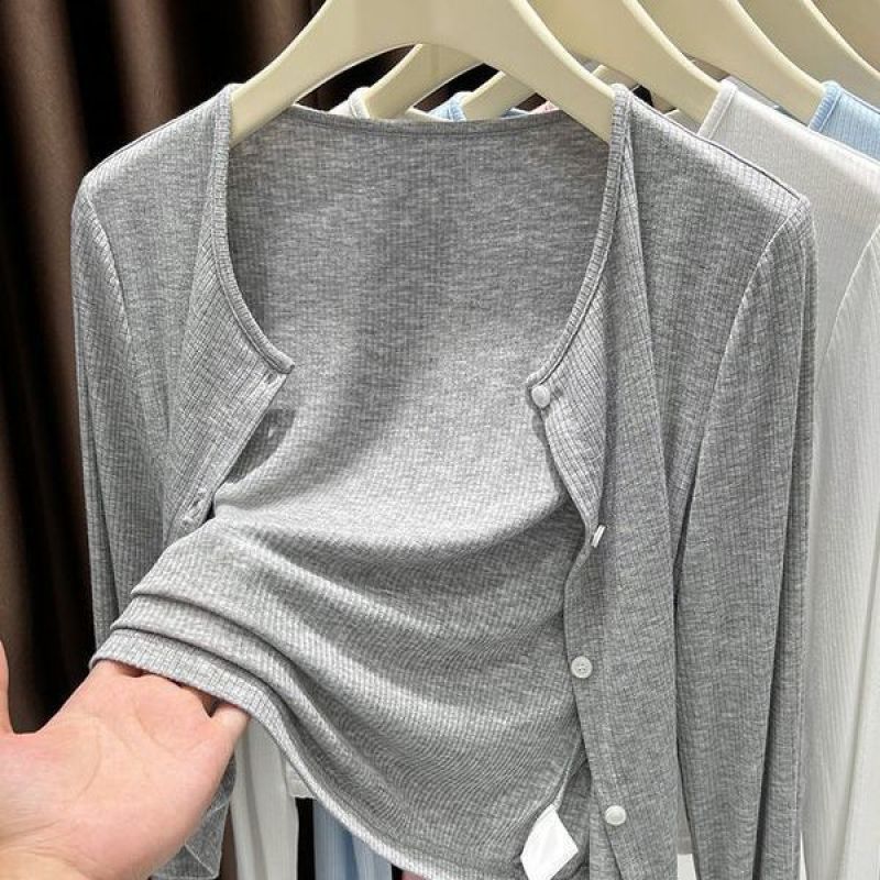 Grey Knitted Cardigan Thin Coat Sunscreen Blouse Shawl Women's Outer 2025 New Office Air-conditioning Shirt for Summer