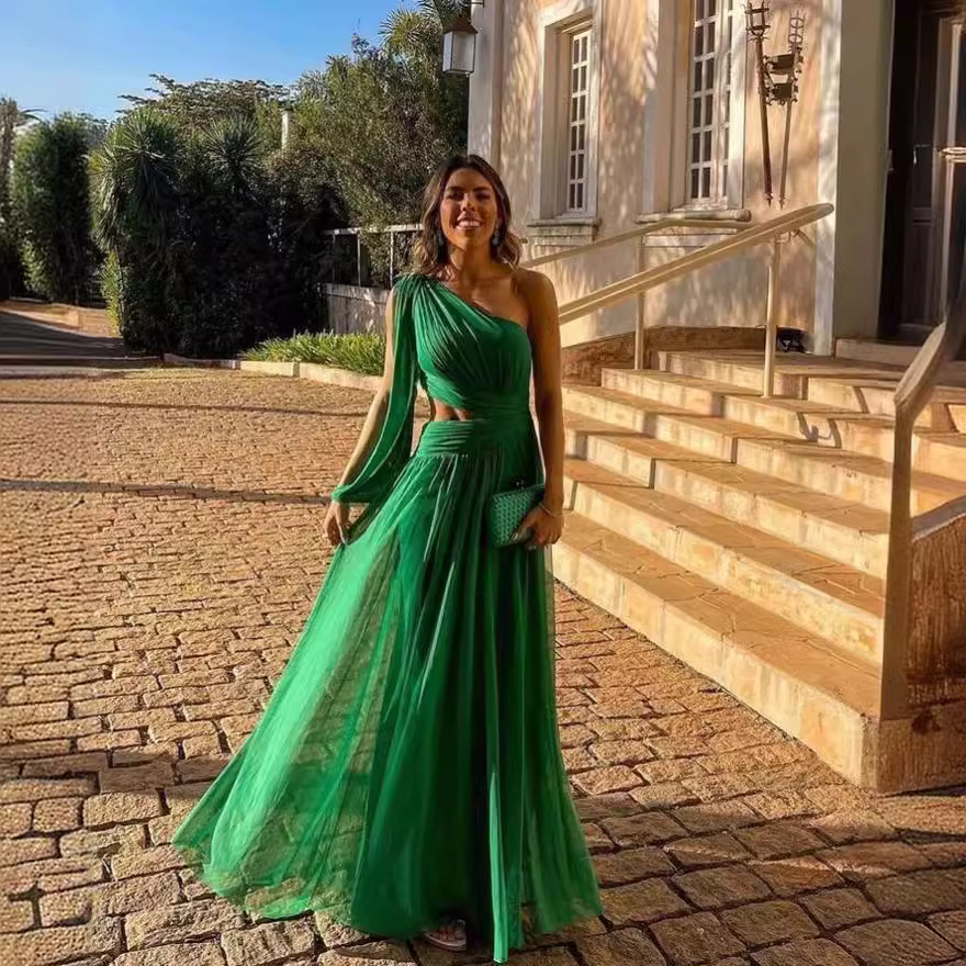Europe Africa Export Amazon Green Niche Women's dress Slant Shoulder Slim One-Shoulder Dress