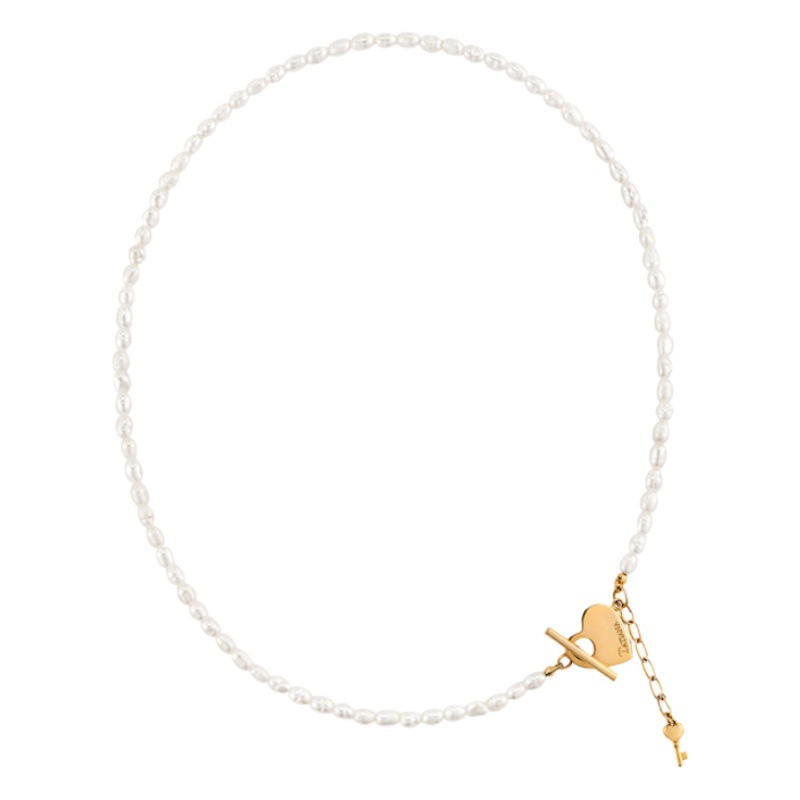 Korean Style Simple Warm Freshwater Rice Small Pearl Love OT Button Key Elegant Short Necklace Collarbone Chain for Women