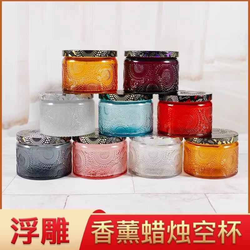 Picture of Hexagon Mini Embossed Pattern Candle Jar Colorful Aromatherapy Candlestick Bottle Amber Embossed Glass Candle Bottle