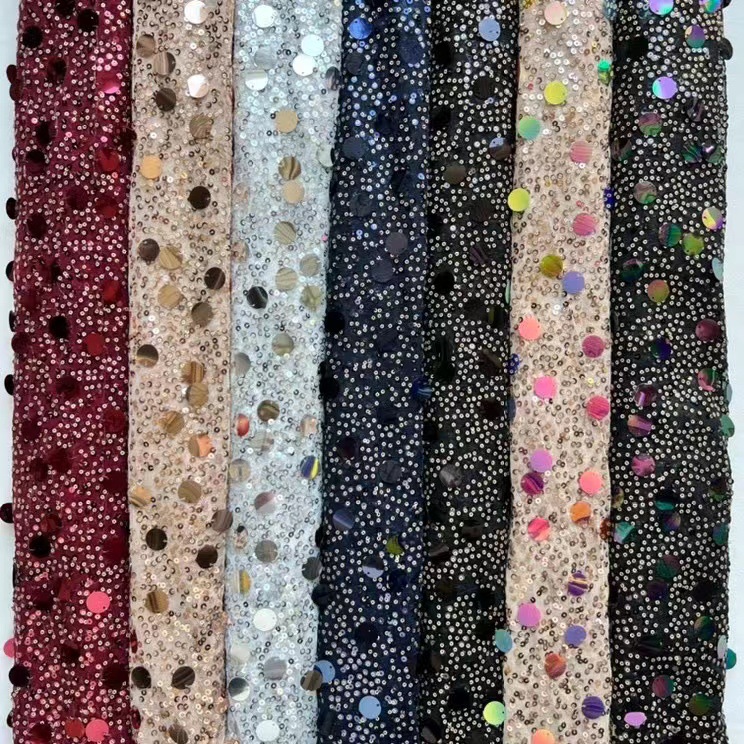 Foreign trade new mesh 3+18mm sequin embroidered fabric beaded embroidered lace cloth stage clothing wedding dress beaded embroidered