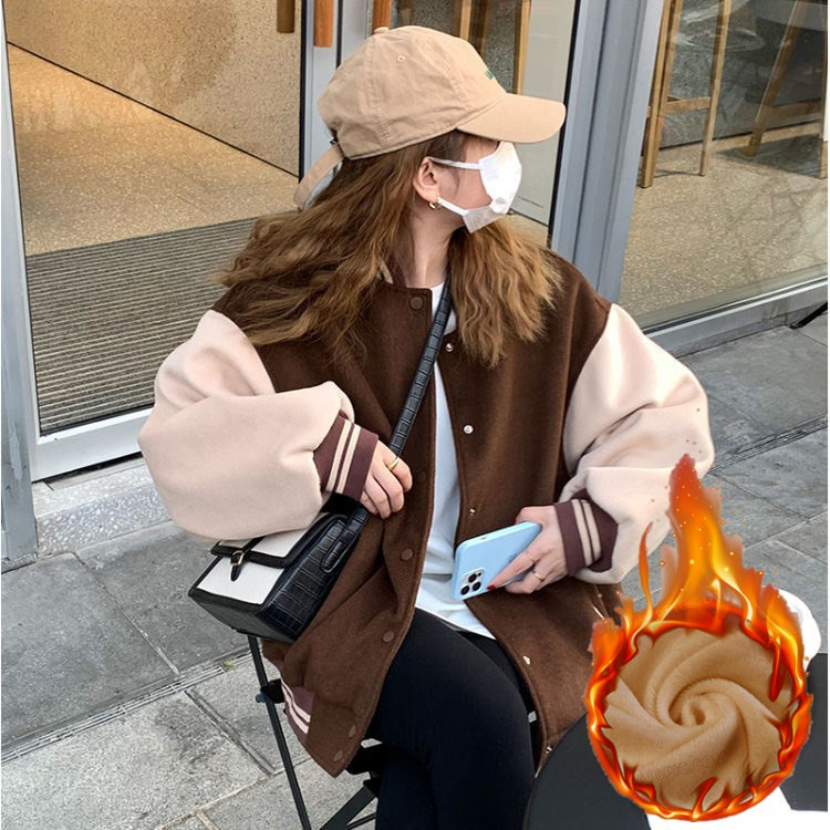 American Vintage fleece-lined Baseball Suit Women's Autumn and Winter Cross-border New Thickened Coat Street Short Button Jacket