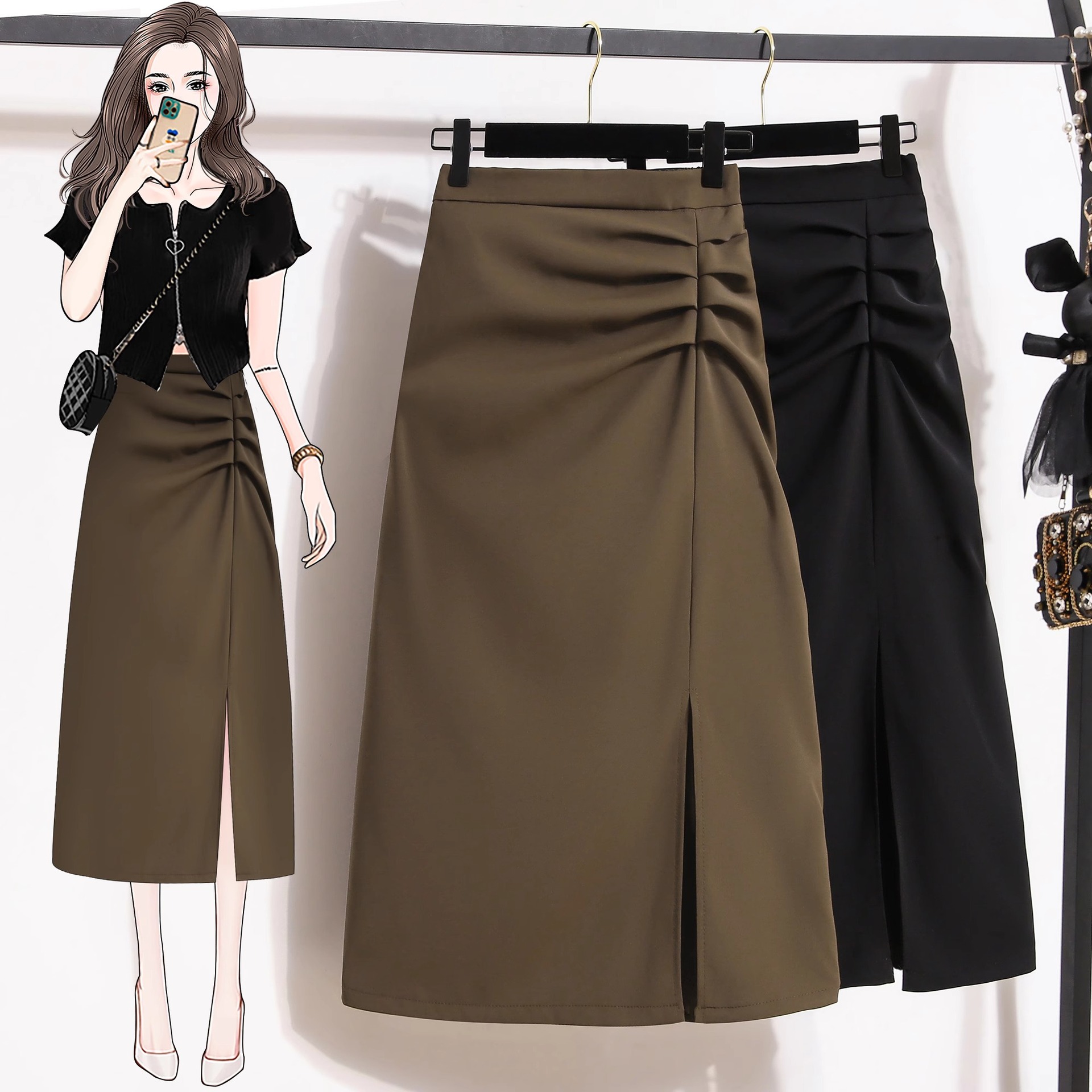 Black Skirt Women's Dipped Split Mid-length Skirt Autumn and Winter 2023 New High Waist Slimming One-step Skirt