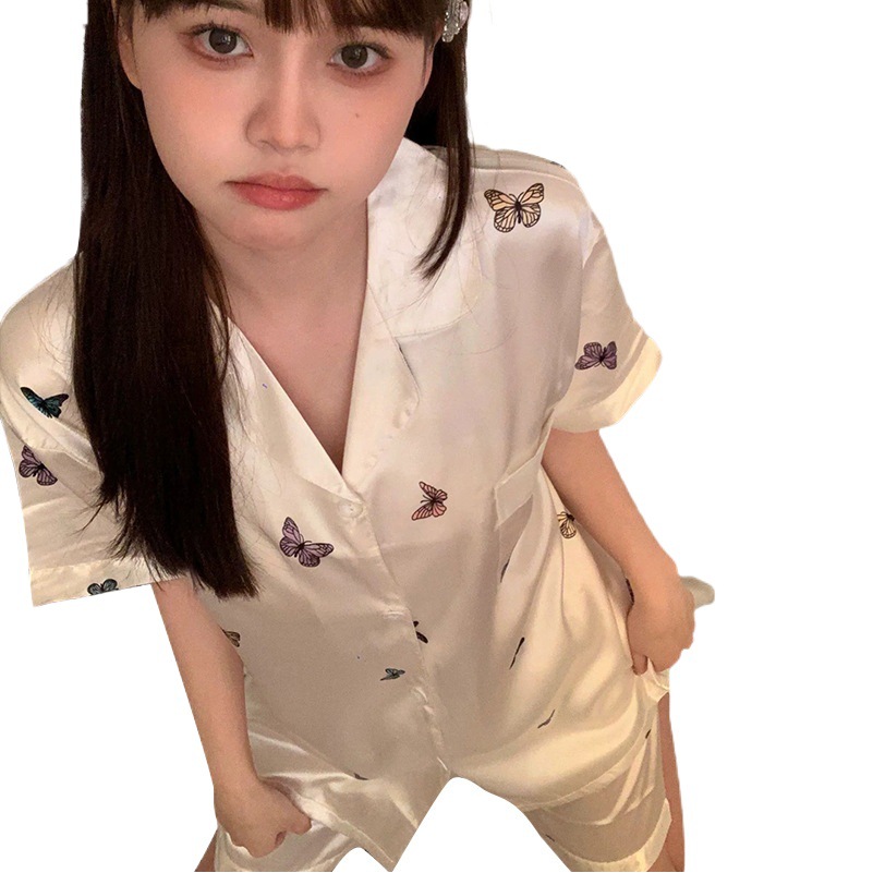 Spring and summer new ice silk pajamas women's short sleeve shorts high-end sense butterfly printed home clothes can be worn wholesale