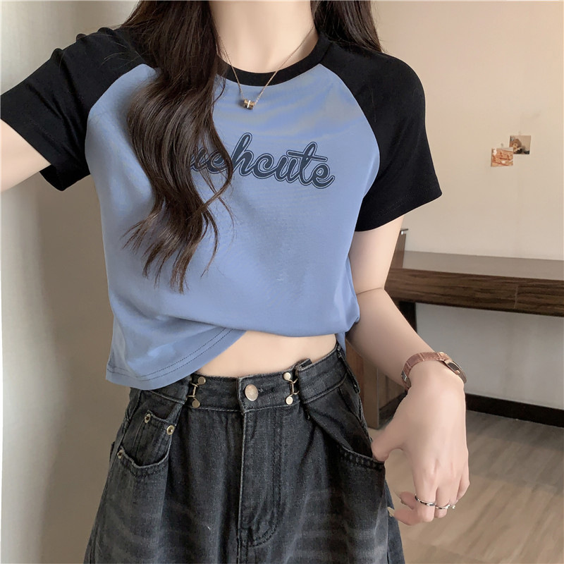 European and American Contrast Color Rags Short-sleeved T-shirt Women's Summer Wear Slim-fit Slimming Short Cotton Half-sleeved Base Shirt Top