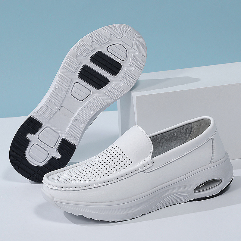 in stock nurse shoes autumn breathable non-slip leather flat bottom hospital soft bottom one pedal hollow doctor shoes wholesale custom