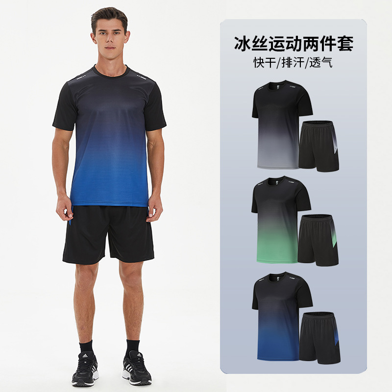 Summer Running Fitness Quick-drying Short-sleeved suit Fashion Gradient Loose plus size Moisture-wicking T-shirt in stock Hair U