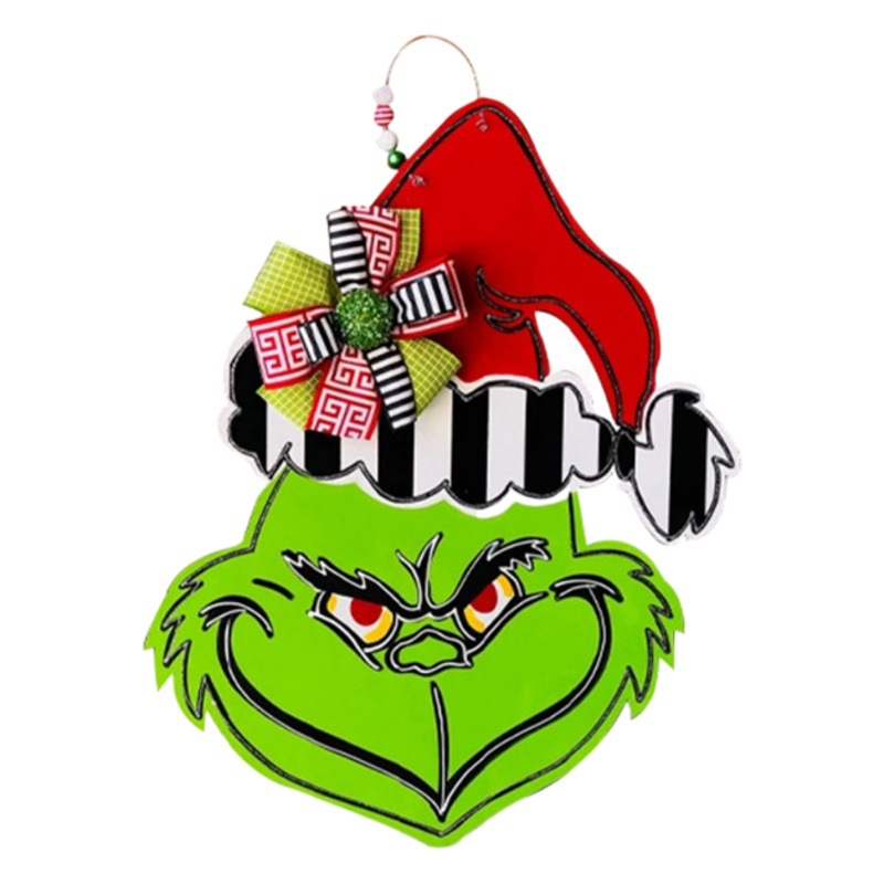 Cross-border new Christmas decorations wooden doorplate Grinch head door hanging green hair monster The Grinch wreath