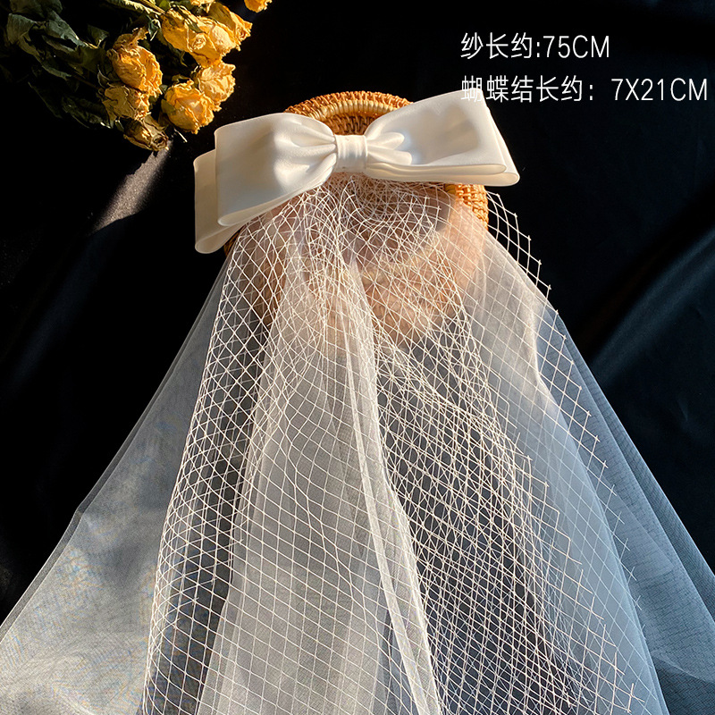 Picture of 2024 New Arrival Bow Veil Super Fairy Wedding Travel Photo White Satin Mesh Hairpin Bridal Hair Accessories