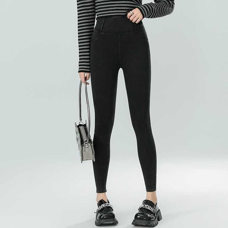 Picture of Denim Yoga Pants for Women in Autumn and Winter New High-Waisted Slim Black Pants for Outer Wear Tight Elastic Belly-Control Leggings