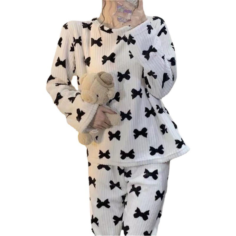 2023 autumn and winter black bow suit coral fleece warm suit bow pajamas women's casual and comfortable