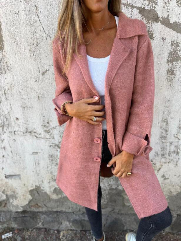 Amazon Cross-border New Women's Solid Color Laps with Pocket Cardigan Single-breasted Mid-length Jacket