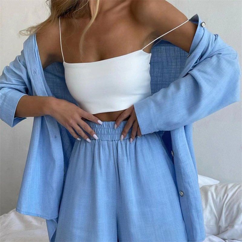 Picture of Casual plus size Long-sleeved Single-breasted Shirt Shorts Two-piece Set Elegant Spring and Autumn Loose Fashionable Solid Color Sports suit