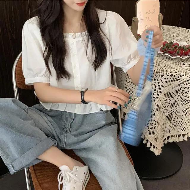 Picture of Short-Sleeved Women's New Spring/Summer 2022 Cute Casual Elegant Puff Sleeve Short Ruffled Square Neckline Top Ins