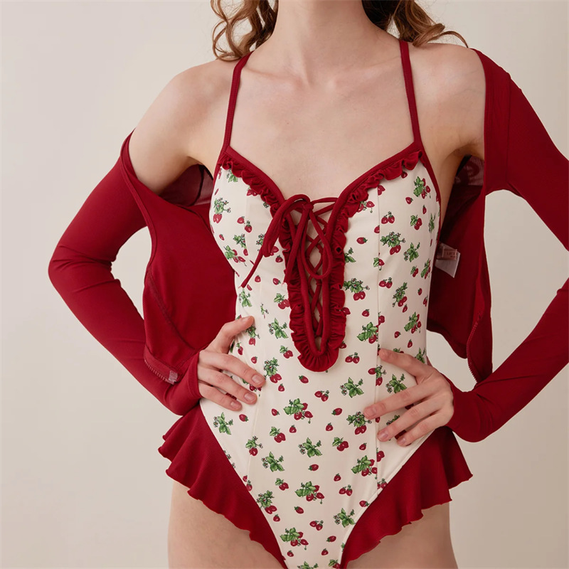 Hong Kong Style Retro Sexy Hot Girl Red Cherry One-piece White Swimsuit Women's Deep V Lace Backless Slim Swimsuit