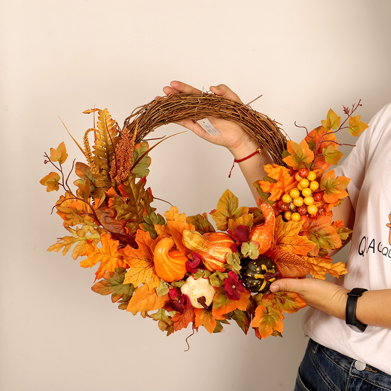 Simulated Maple Leaf Pumpkin Decorative Garland Wreath Autumn Thanksgiving Late Autumn Home Decoration Door Hanging Halloween Decoration