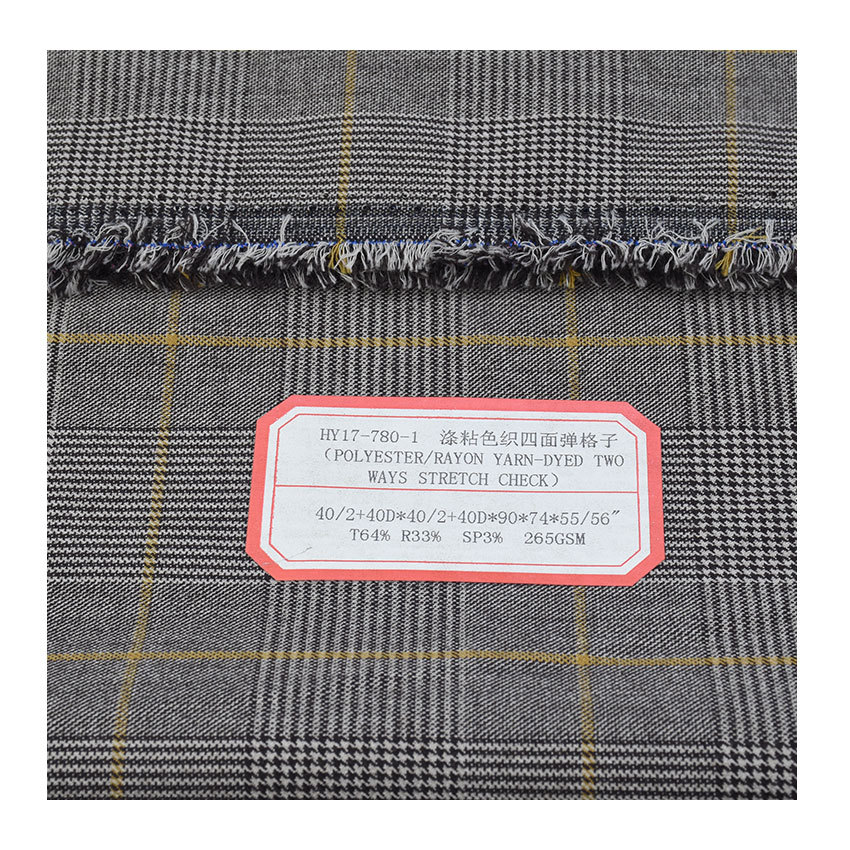 T/R two-ways stretch polyester viscose plaid fabric four-sided elastic yarn-dyed plaid 265g stretch fabric