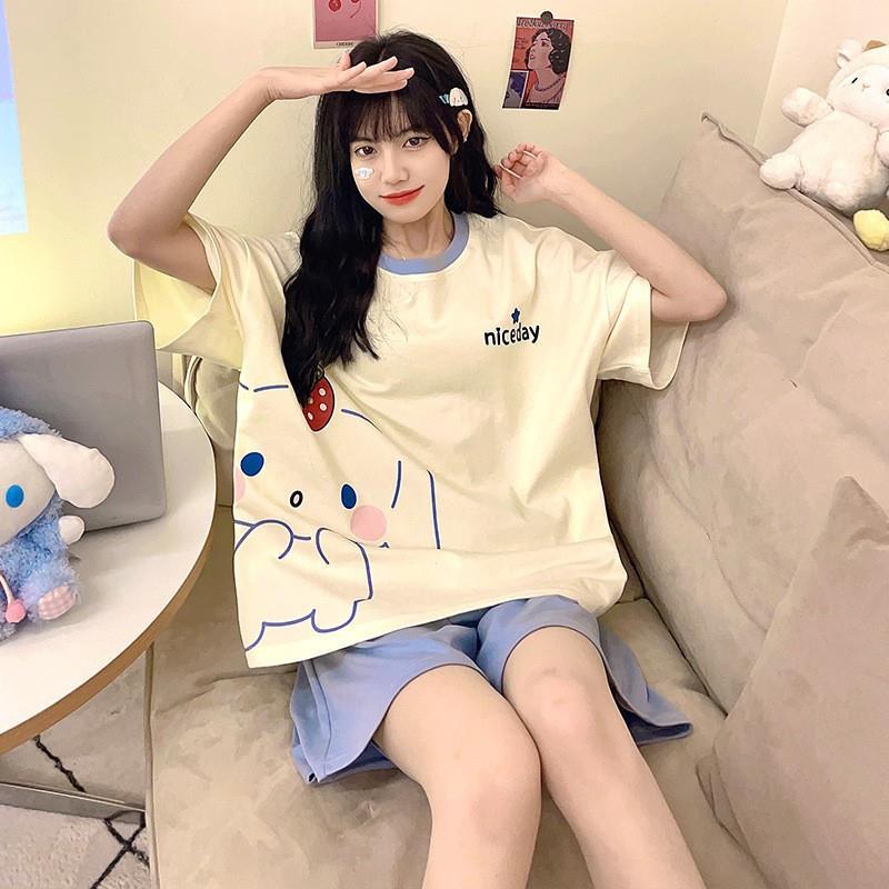 New Cartoon Pajamas for Women Summer Short-Sleeved Imitation Cotton Japanese Style Internet Celebrity Style Soft Cute Cinnamon Dog Ladies Home Wear Set