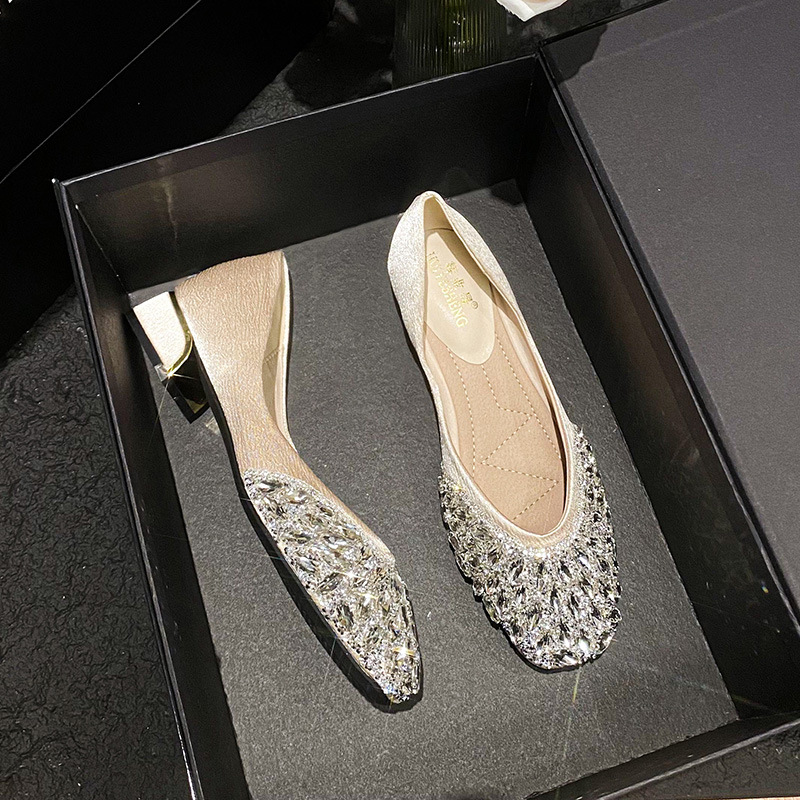 Thick-Heeled Flats for Women 2025 Summer New Style Versatile Elegant Shallow Mouth Square Toe Rhinestone French High Heels Large Size Women's Shoes