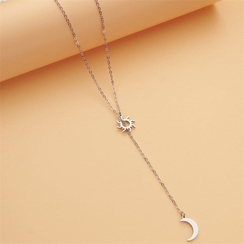 Charming Color Jewelry Amazon Hot Selling Women's Stainless Steel Simple Clavicle Chain Sun Moon Long Necklace