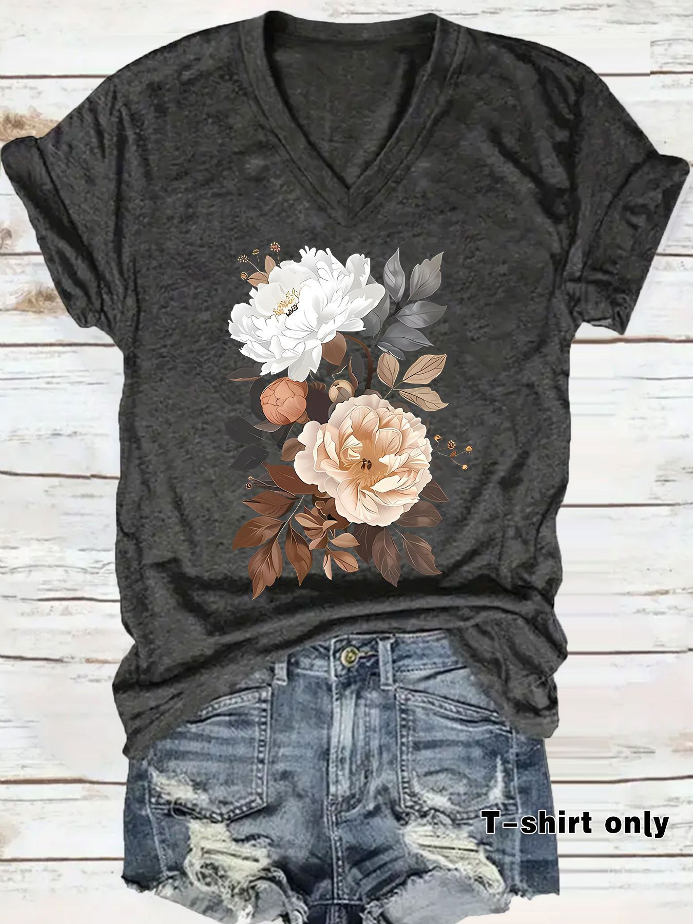 Cross-border Cute Print Short Sleeve Floral Print New V Neck Loose Short Sleeve ebay Casual T-Shirt Women Wholesale