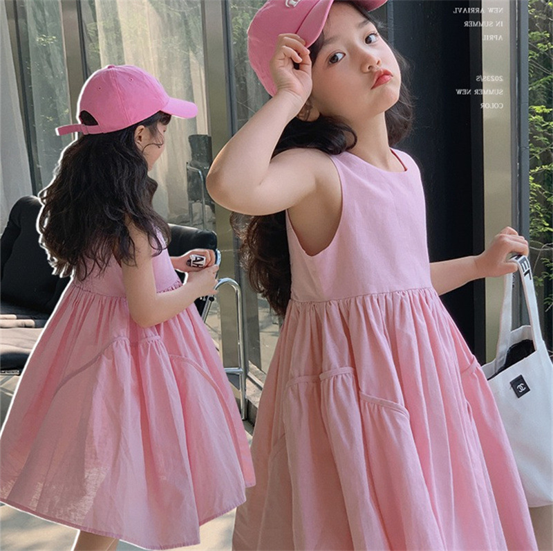 Girls Children's Wear Cotton Vest dress 2025 New Summer Little Girl Pink Short Sleeve Princess Dress Baby Dress