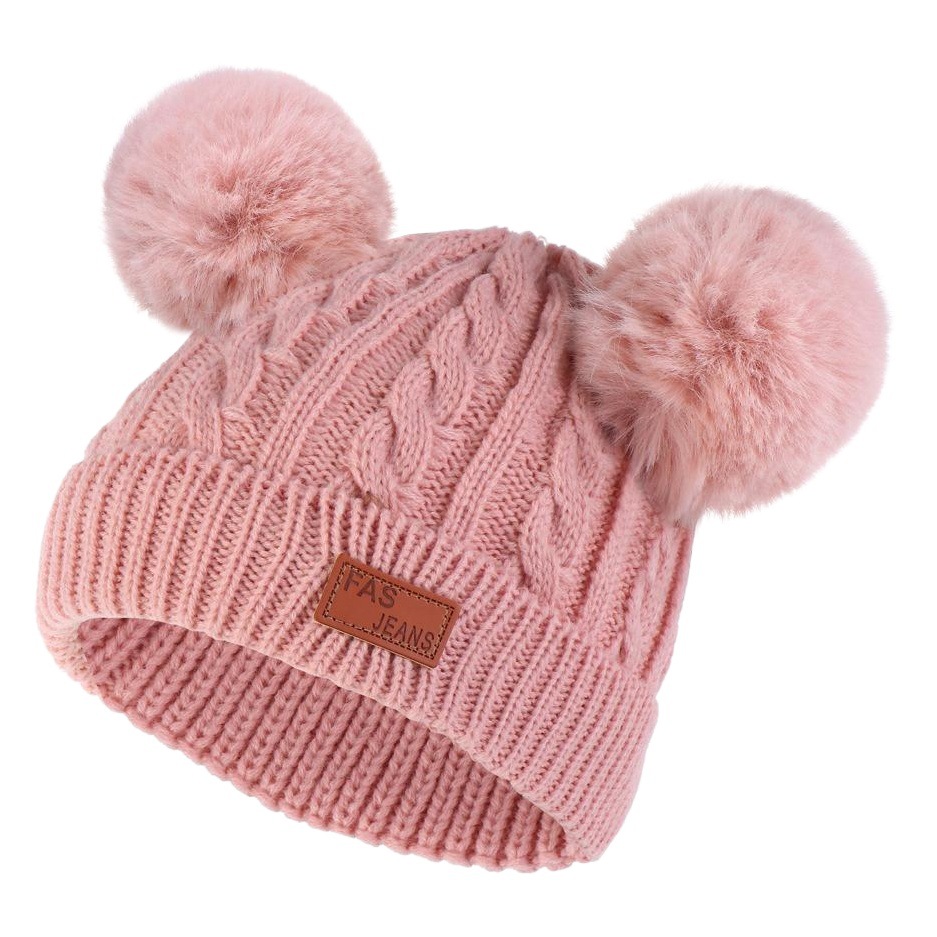 Autumn and Winter Kidsren's Thickeneded Woolen Hat Ears Double Fur Ball Warm Ear Protection Knitted Hat Set with Label Pure Color Hat