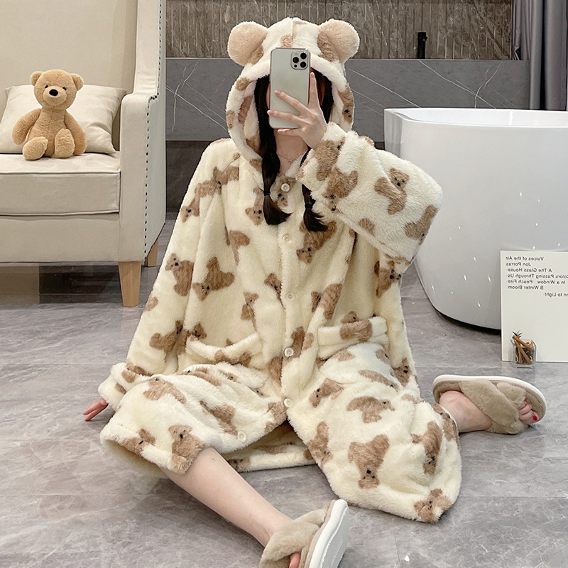 Stuffed Pajamas for Women in Autumn and Winter, Cute and Cute Girls' Hooded Cardigan Pajamas, Women's Warm Flannel Home Clothes