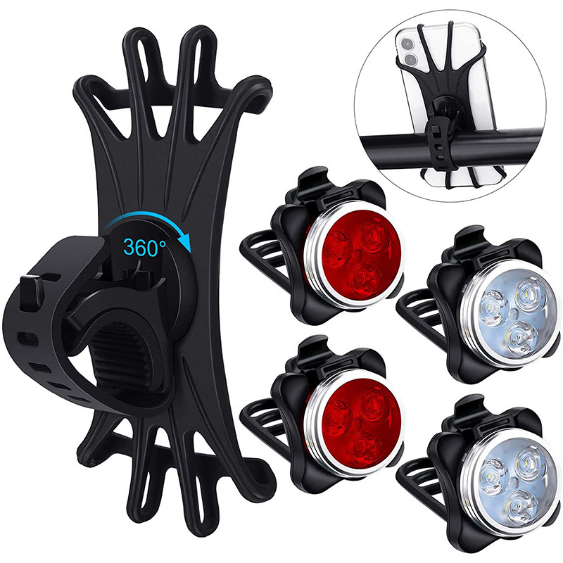 New rechargeable bicycle lights front and rear lights suit with 1 piece of rotating silicone bicycle mobile phone holder