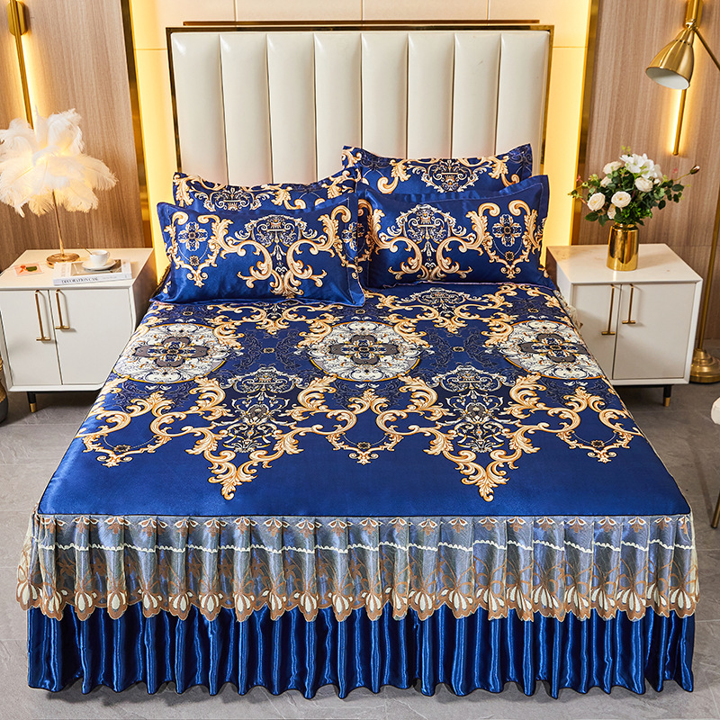 Summer Ice Silk Mat, Bed Skirt, Three-Piece Set, Machine Washable Ice Silk Bed Sheetss, Household Double Non-Slip Air-Conditioned Soft Mat