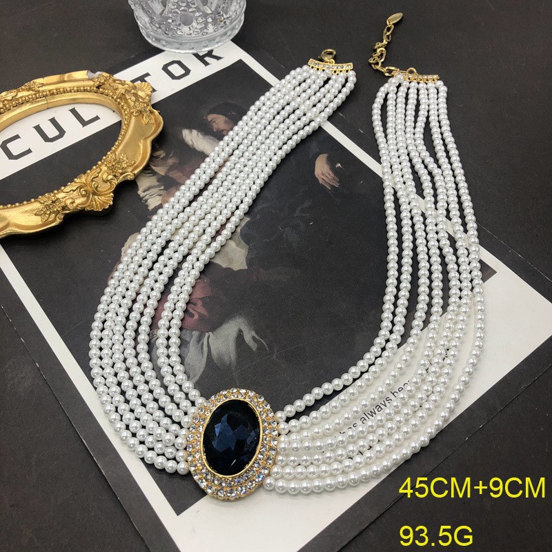 Picture of Classic Hepburn Style Multi-Layer Glazed Pearl Neck Chain Sapphire Gold Plated Clavicle Chain Silver Needle Ear Stud Ear Clip suit