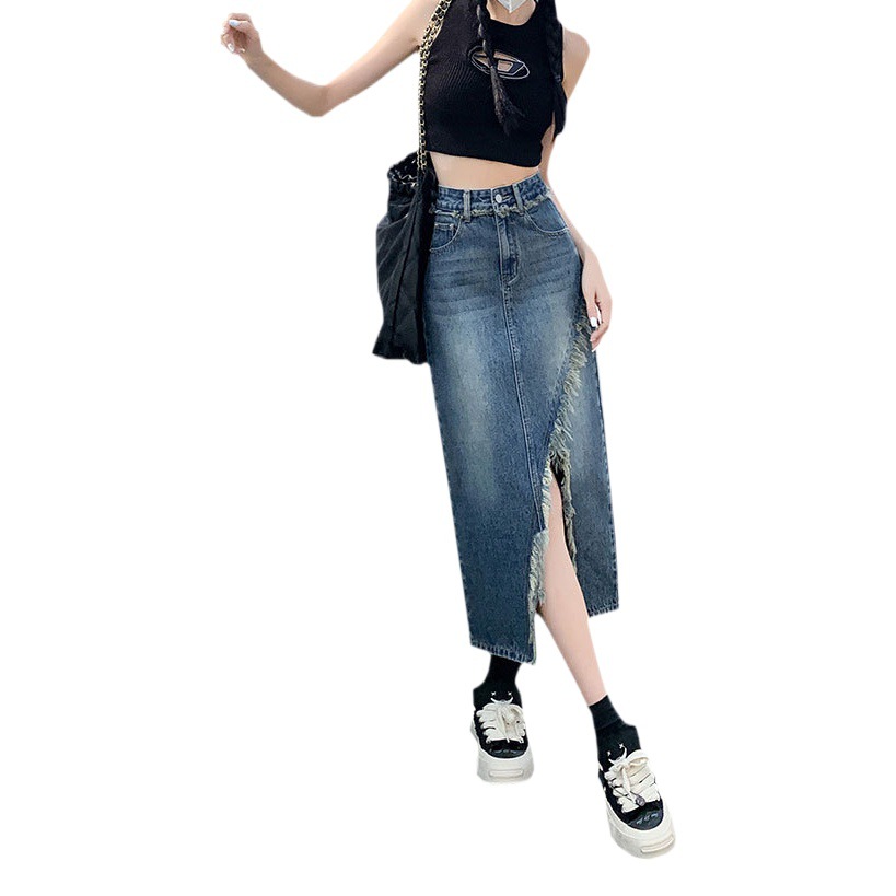 Irregular split denim skirt for women ins trendy niche high waist straight A- line slimming retro hip skirt
