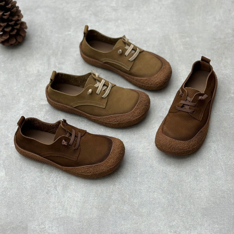 Vintage Artistic Genuine Leather Single-layer Shoes Autumn New Style Baotou Flat-bottom Loose Feet Casual All-match Soft Cowhide Women's Shoes