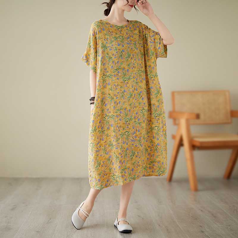 Real Shot 23 Summer New Fat Girl Yellow Floral Loose Slimming Mid-length Elegant Mother Dress for Women