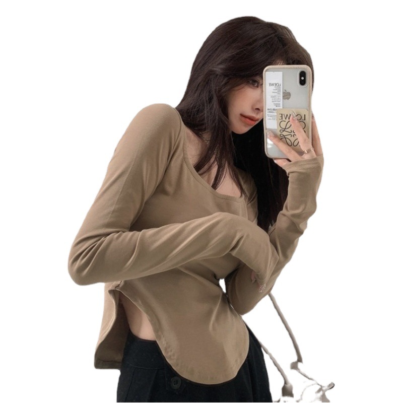U-Neck Design Pure Color Long-Sleeved T-Shirt Women's Slimming Look Early Autumn New Bottoming Shirt Asymmetrical Inner Top Wholesale