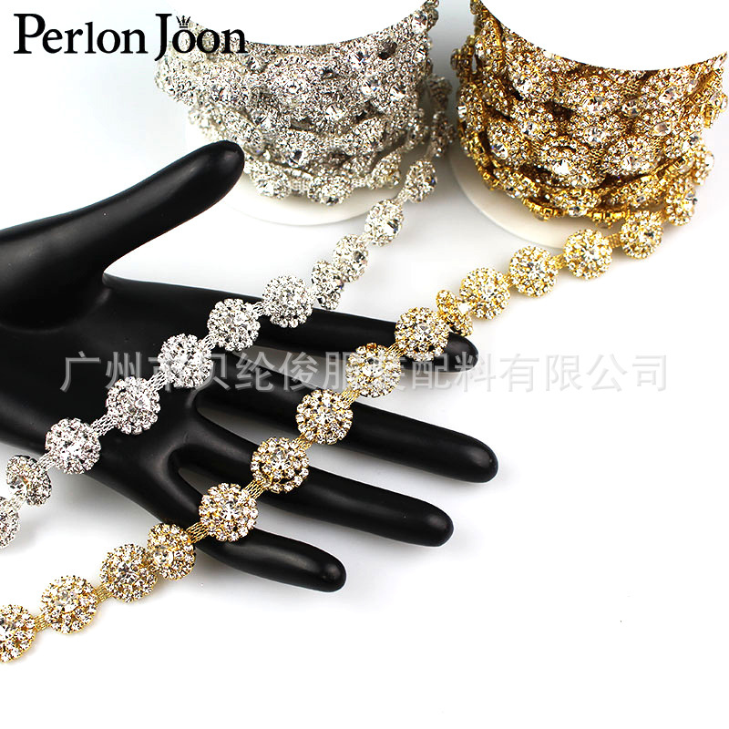 Electroplated Bump 3D Gold Silver Sun Circle Diamond Chain Wedding Dress Decoration Accessories Belt Rhinestone Chain