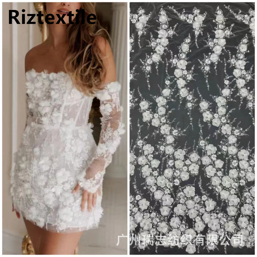 Internet Red Explosions White Handmade Three-dimensional Flower Bead Fabric European and American Fashion Bride Wedding Dress Children's Dress Embroidered Cloth