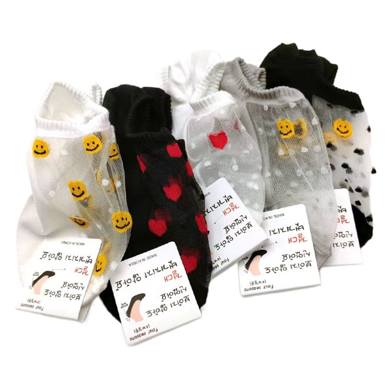 Summer Thin Mesh Mesh Silk Cotton Bottom Love Smiling Face Shallow Mouth Boat Socks Heel Silicone South Korea Socks