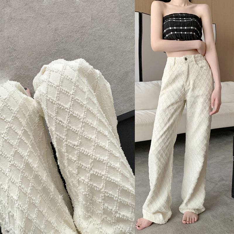 Picture of Jacquard Wide-Leg Jeans, High-Waisted, Loose, Large-Size Women's Straight-Leg Pants, Autum Versatile Fashionable Floor-Length Slim Trousers