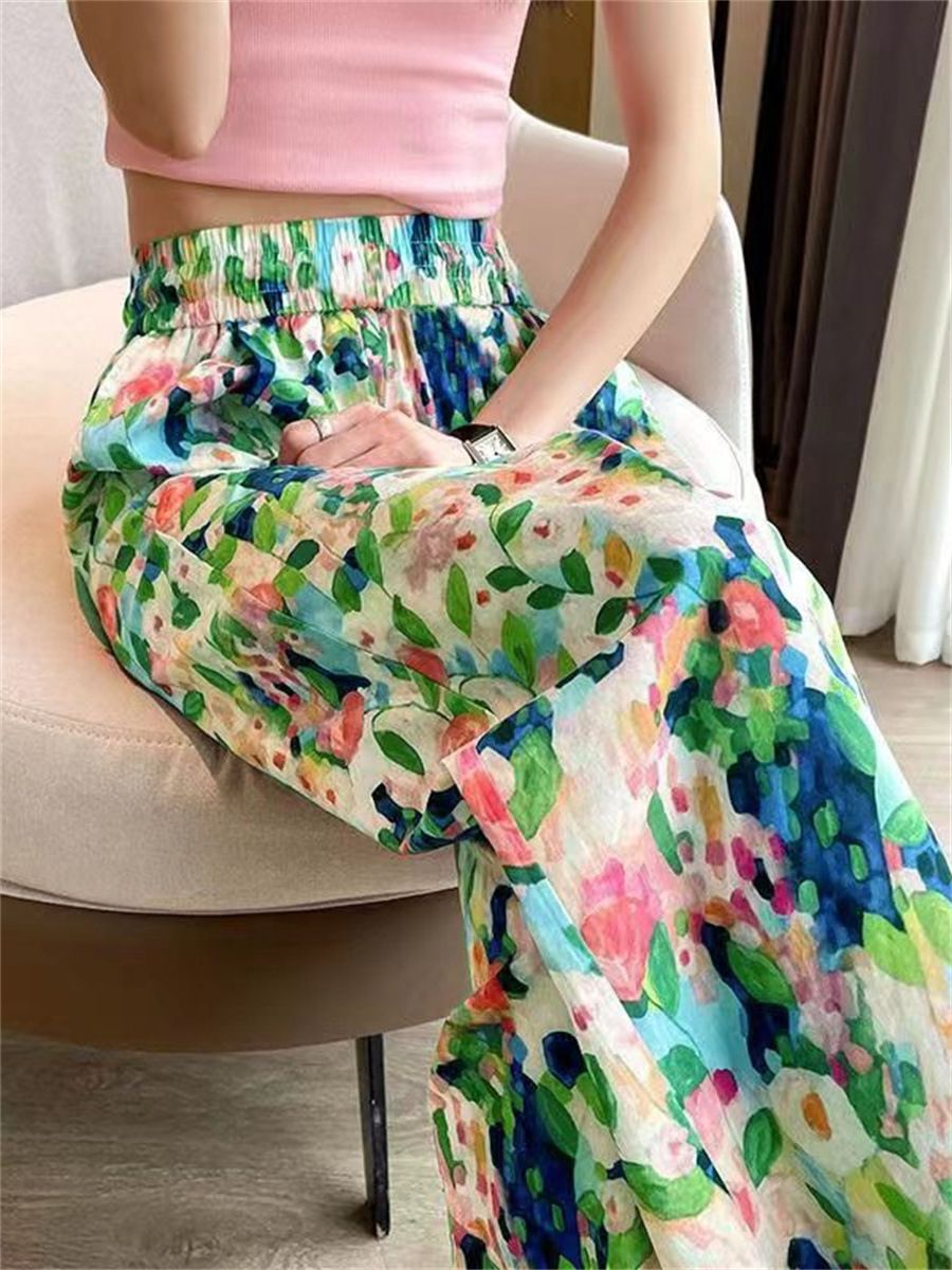 2024 Summer New Flower Pants High Waist Wide Leg Pants Loose Straight Cropped Pants Seaside Casual Beach Pants Women's Pants