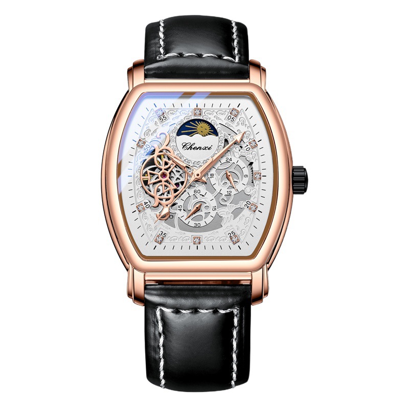 Dawn new sun, moon and stars barrel-shaped automatic mechanical watch men's luminous hollow mechanical watch wholesale